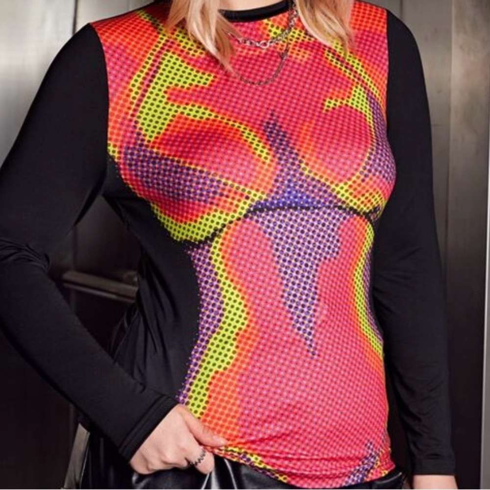 SHEIN Vibrant Red and Yellow Graphic Long Sleeve Top